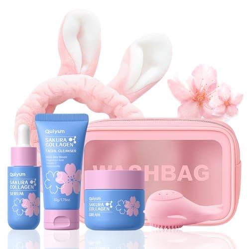 QUIYUM Sakura Collagen Skin Care Set - 5pcs Skincare with Facial Cleanser, Serum, Cream, Pink Facial Brush, Bunny Hair Band & Makeup Bag, Deep Cleansing, Hydrating, Firming, Even Tone, Radiance