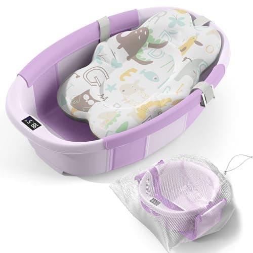 Collapsible Baby Bathtub - Large Baby Bath Tub with Thermometer & Cushion | Travel Portable Newborn Infant Bathtub | Foldable Toddler Bathtub for Baby 0 to 36 Months (Purple)