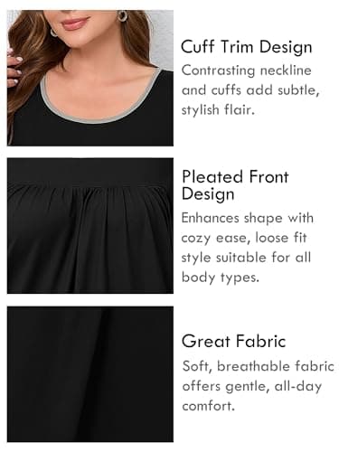 AusLook Plus Size Women's Nightgown 4X Black Short Sleeve Sleep Dress Sleepwear Soft Sleepshirts Pleated Scoopneck Nightshirt Sleep shirts with Pockets - Thumbnail 4