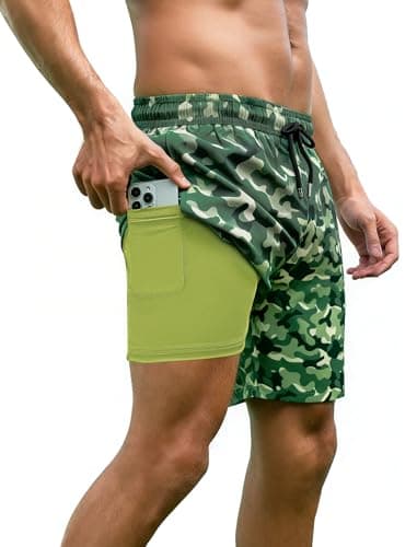 Arolina Mens Swimwear Swim Trunks Compression Liner 7 Inch Board Shorts Bathing Suits Zipper Pockets Camo X-Large