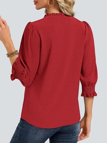 Funlingo Women Blouses Dressy Casual V Neck 3/4 Length Sleeve Womens Tops Boho Lace Crochet T Shirts Beach Vacation Spring Clothes 2026 Red L - Thumbnail 4