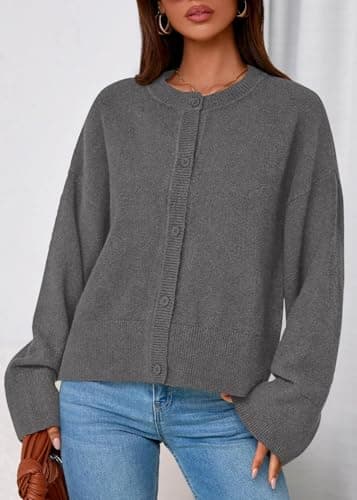 KIRUNDO Cardigan Sweaters for Women 2026 Fall Oversized Puff Long Sleeve Button Up Casual Spring Chunky Vacation Outfits(Grey, Small) - Thumbnail 6