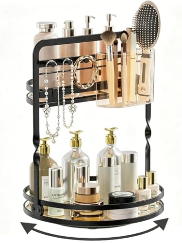 DUANFEE 360 Rotating Makeup Organizer, 2-Tier Black Perfume Organizer for Dresser, Bathroom Counter Organizer, Lazy Susan Vanity Tray Spinning Skincare Storage with Jewelry Hooks & Makeup Brush Holder - Image 1