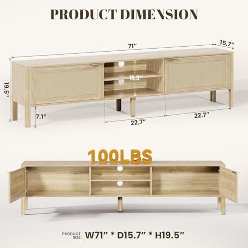 IKALIFE Rattan TV Stand for Living Room - Fits up to 80 Inch TVs, Rattan Media Console Table with Adjustable Shelves & 2 Storage Cabinets, Mid-Century Modern Entertainment Center, Oak 71" - Thumbnail 2