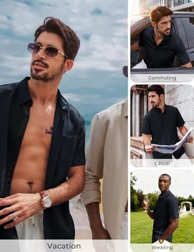 PJ PAUL JONES Mens Button Down Shirt Linen Short Sleeve Dress Shirts for Men Beach Summer Wedding Untucked Shirt Navy - Thumbnail 2