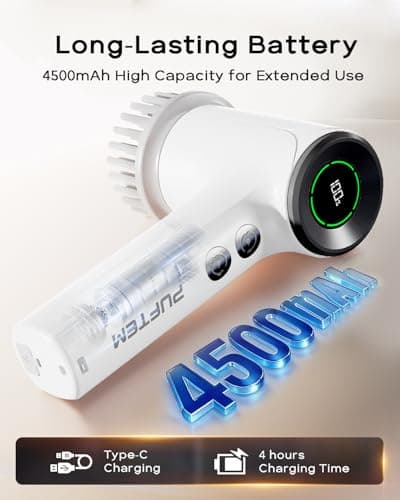 PUFTEM Shower Scrubber, Electric Spin Scrubber for Bathroom Cleaning – Cordless Shower Cleaner Brush with 6 Brush Heads, Dual-Direction Rotation, for Grout, Tile, Tub, Sink & Corners, White - Thumbnail 6