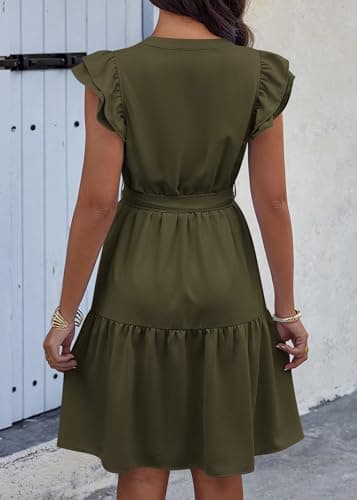 KIRUNDO Summer Dresses for Women 2026 Spring Flutter Sleeve V Neck Ruffle Flowy Tiered Knee Length Beach Vacation Sundress(Army Green, Large) - Thumbnail 2