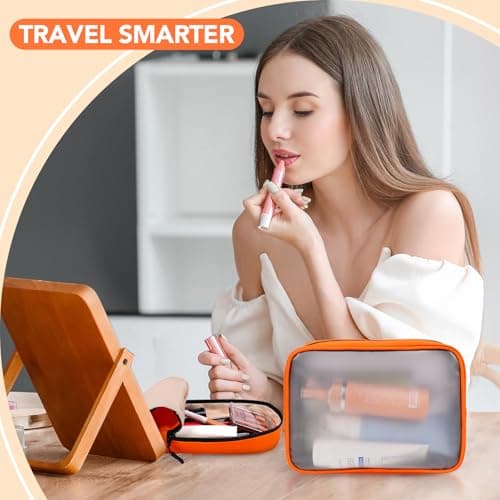 Idcymoul Travel Toiletry Bag 5-Piece Kit, Hanging Toiletries Bag+TSA Approved Cosmetic Bag+Jewelry Bag+ Brush Bag+Cable Bag, Professional Travel Essentials Accessories Organizer for Women - Orange - Thumbnail 5