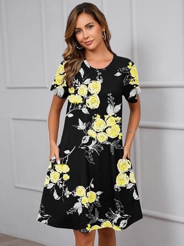 Heymoments Women's Short Sleeve Dress Floral Print Small Round Neck Casual Flowy Midi Sundress Comfy Tshirt Ladies Teachers Summer Beach Swing 2025 Novelty Boho Dresses with Pockets - Thumbnail 3