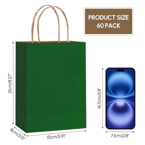 Qioxiou 60Pcs Forest Green Gift Bags with Handles 5.91x3.15x8.27 Small Size Bulk Kraft Paper Party Favor Bags for Christmas, Wedding, Birthday, Craft, Shopping, Retail, Grocery, Recyclable Paper Sacks - Thumbnail 2
