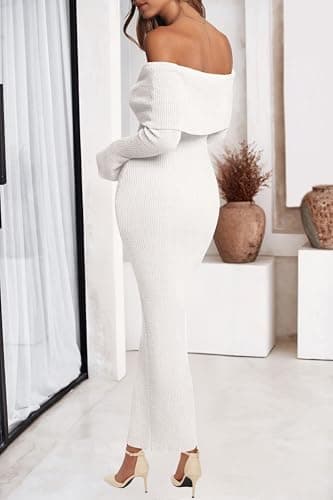 dowerme Women's Off The Shoulder Sweater Dress 2026 Formal Long Sleeve Bodycon Maxi Wedding Guest Dresses Spring Outfits(White,Large) - Thumbnail 3