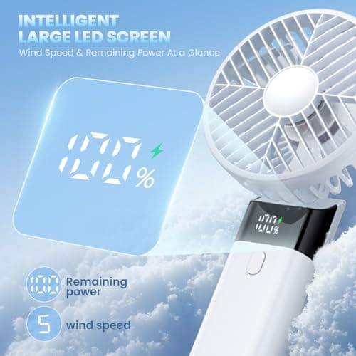 HAWANA Portable Handheld Fan, High Speed mini handheld fan with LED Display, travel fan 180° Foldable Desk Fan with Base, 5 Speed small fan for Outdoor Activities, Travel, Beach, White - Thumbnail 2