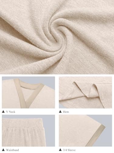 GKBK Womens Two Piece Outfits Pajama Sets 3/4 Dolman Sleeve V Neck Sleepwear Nightwear Loungewear Matching Pjs 2 Piece Lounge Set Lounging Pullover Top and Wide Leg Pants Trendy Outfits Beige M - Thumbnail 4