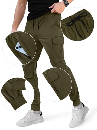 Crastimo Men's Tapered Slim Fit Cargo Pants Lightweight Athletic Sweatpants 5 Pockets Elastic Waist Drawstring Slim Fit Workout Running Travel Casual Army Green M - Thumbnail 5