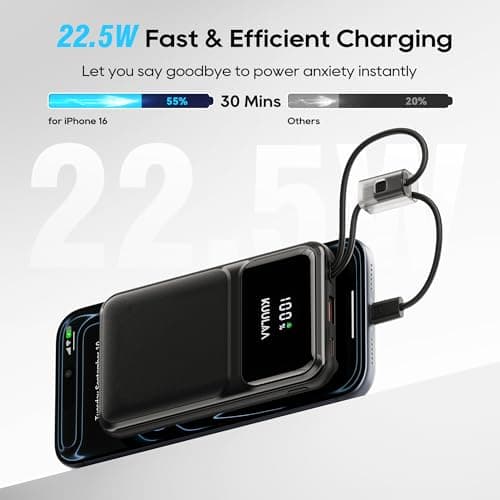 Kuulaa Portable Charger with Built in Cables 10000mAh, Slim Travel Power Bank with LED Display, 22.5W Fast Charging Battery Pack for iPhone 17 16 15 14 13 12 Android,Black - Thumbnail 2