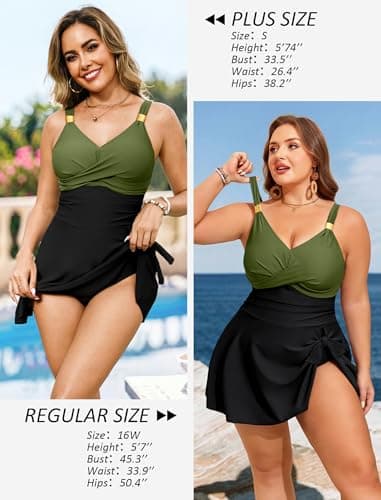 HUSKARY Slimming Tummy Control Swimsuits for Women One Piece Full Coverage Modest Bathing Suits Long Push Up Swim Dress Black Army Green - Thumbnail 5