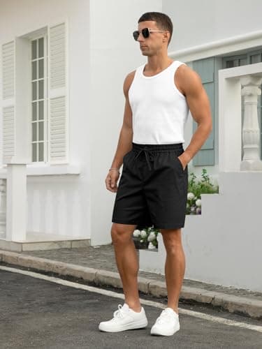 RQP Mens Cotton Linen Short Drawstring Button Stretch Vacation Shorts,Black - Thumbnail 3