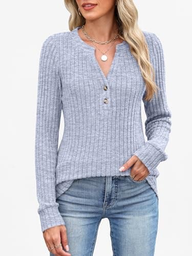 ANRABESS Womens Henley Shirts Long Sleeve Tunic Tops 2025 Fall Fashion Outfits Ribbed Knit Sweaters Ladies Casual Clothes Blue - Thumbnail 3