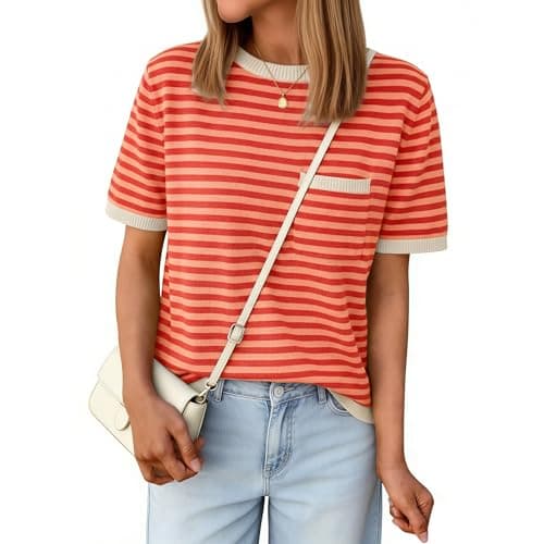 Aprolive Womens Short Sleeve Striped Sweater Lightweight Knit Shirt with Texture Crewneck Color Block Pockets for Summer Vacation(8-Apricot Orange Red,XX-Large) - Image 1