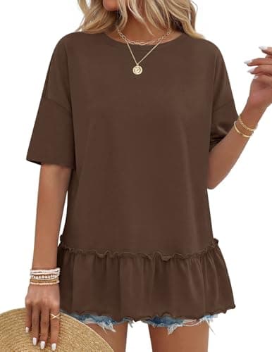 MEROKEETY Women's 2026 Summer Peplum Tops Oversized Blouse Casual Short Sleeve Crew Neck Ruffle Tunic T Shirts, Coffee, X-Large - Image 1