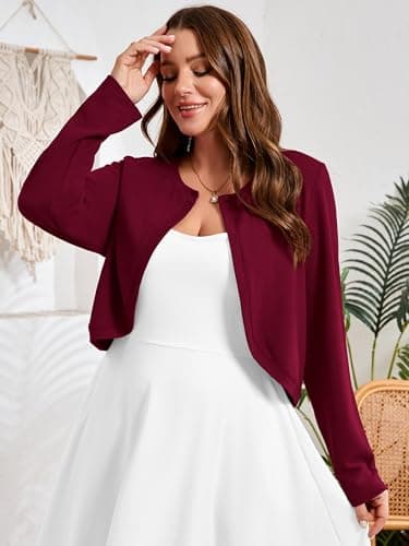 AusLook Plus Size Women Shrugs Long Sleeve Burgundy 4X Open Front Cardigan Knit Lightweight Coat Cropped Bolero Tops Shawls and Wraps Dressy Sweater - Thumbnail 5