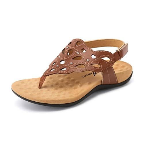 Athlefit Orthopedic Sandals for Women Summer Arch Support Thong Sandals Comfortable Dressy Brown Leather Flat Sandals Size 7.5 - Image 1