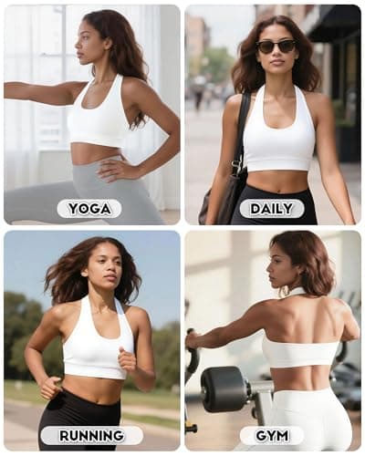 iMucci Halter Bra Medium Low Impact Sports Bras for Women Seamless Workout Padded Open Back Gym Yoga Bra with Removable Pads White - Thumbnail 5