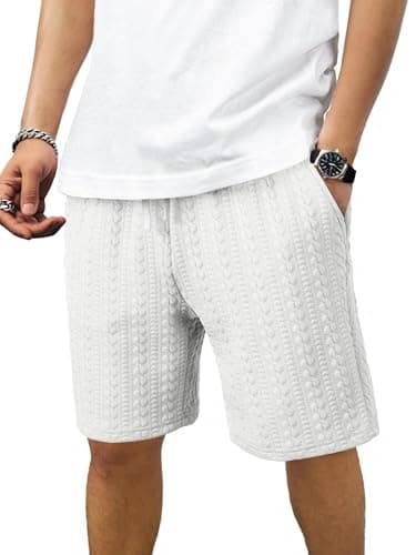 JMIERR Mens Sweat Shorts 7.5 inch -Cable Knit Casual Stretch Elastic Waist Drawstring Lounge Shorts with Pockets, White, XX-Large - Image 1
