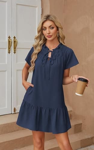 Angashion Womens Summer Mini Dress Short Sleeves V Neck Dresses Ruffle Casual Tie Sundress with Pockets Navy Blue Large - Thumbnail 2