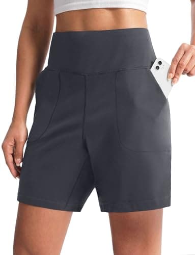 Cyasundent Women's Athletic Shorts with Zipper Pocket 6" High Waisted Bermuda Shorts for Women Workout Walking Running(Dark Grey_XXXL) - Image 1