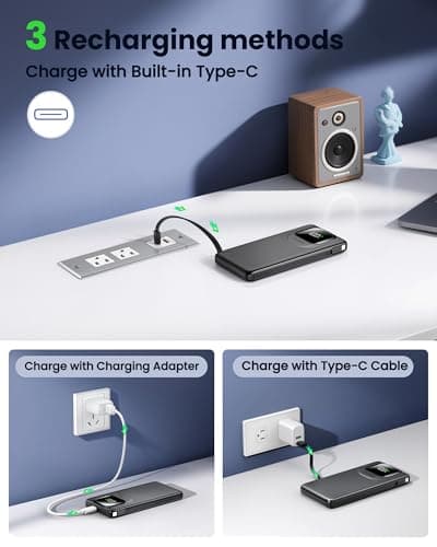 Crazywhale Portable Charger with Built-in Cables,22.5W Super Fast Charging Power Bank Slim Phone Charger,10000mAh Travel Battery Pack Battery Bank with Smart LED Display for iPhone, Android & USB-C - Thumbnail 2