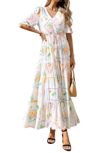 BTFBM Womens Summer Dresses 2026 Spring Casual Short Sleeve v Neck Boho Floral Flowy A-Line Tiered Maxi Dress Pockets(Floral White Multi, Medium) - Thumbnail 6