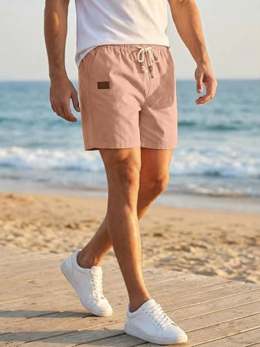 JMIERR Men's Casual Cotton Linen Shorts - Drawstring Summer Beach Stretch Golf Dress Short 5 inch Polo Shorts with Pockets Elastic Waist,3XL,B Pink - Thumbnail 2