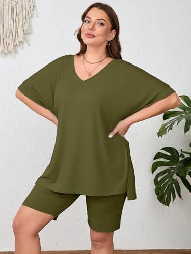 AusLook Women's Plus size 2 Piece Short Outfits Set Short Sleeve Tops and Shorts Pants Army Green 2X Casual Comfy Soft Ladies Short Sleepwear Lounge Pajama Matching Set - Thumbnail 5