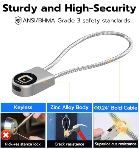 Anweller Fingerprint Cable Lock, 14" Long Shackle Small Padlock, Keyless Entry Biometric Bluetooth Smart Waterproof Combination Pad Lock for Gate Outdoor Fence Fridge Cabinet Locker Pool Bike - Silver - Thumbnail 4
