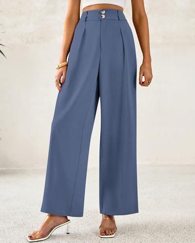 BTFBM Women Wide Leg Dress Pants 2026 High Waisted Button Pleated Business Casual Trousers Office Work Palazzo Pants(Grey Blue, XX-Large) - Thumbnail 6