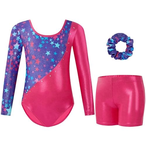 Gogokids Gymnastics Leotards for Girls Long Sleeve Sparkly Rhinestone Dance Unitard with Shorts & Scrunchie Activewear, A-star, 11-12 years, 150 - Image 1