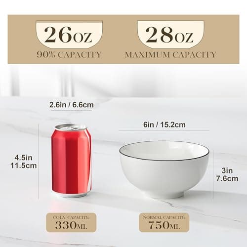 MALACASA Porcelain Soup Bowls, White Ceramic Cereal Bowls for Kitchen, Dishwasher and Microwave Safe, Series Regular 26Oz - Thumbnail 2