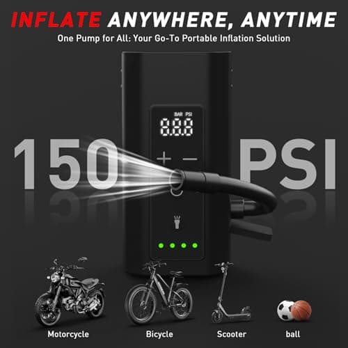 ISAMUTO Mini Electric Bike Pump with LED Light, 150 PSI Portable Bicycle Tire Inflator with Digital Gauge & Auto Shut-Off, Rechargeable Bike Air Pump for Presta/Schrader Valves, Road Bike, MTB, E-Bike - Thumbnail 3