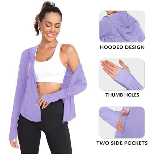 AGVNG Womens UPF 50+ Long Sleeve Hooded Sun Jackets Lightweight Sun Protection Clothing SPF Cooling Shirts Workout Athletic Hiking Running Tops Thumb Hole Purple L - Thumbnail 5