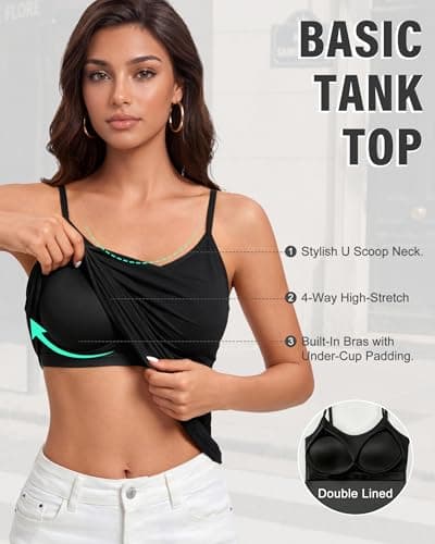 leviace 3 Pack Padded Camisole Tops for Women - Double Lined Adjustable Spaghetti Strap Built-in Bra Shirts Sleeveless Layering Cami Basic Tank Top Fitted Summer Cloth Undershirt 2026, Black, S - Thumbnail 5
