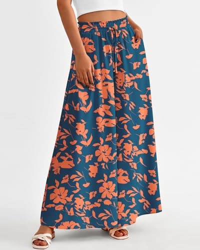 BTFBM Wide Leg Palazzo Pants for Women 2026 Summer Spring Casual High Waisted Flowy Trousers Boho Beach Vacation Outfits(Print Dark Blue Orange, XX-Large) - Thumbnail 3