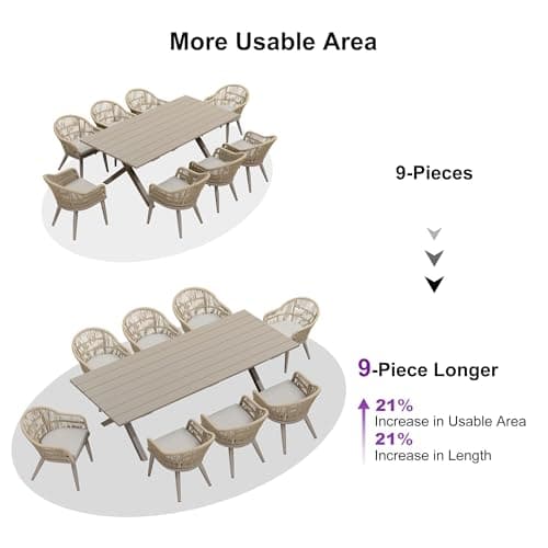 PURPLE LEAF 9 Pieces Patio Dining Set with Longer Table, Champagne - Thumbnail 4