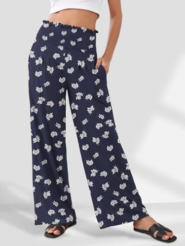 GEMLON Womens Wide Leg Pants High Waisted Palazzo Pants Flowy Lounge Trousers Boho Pants with Pockets Blue Print S - Thumbnail 5
