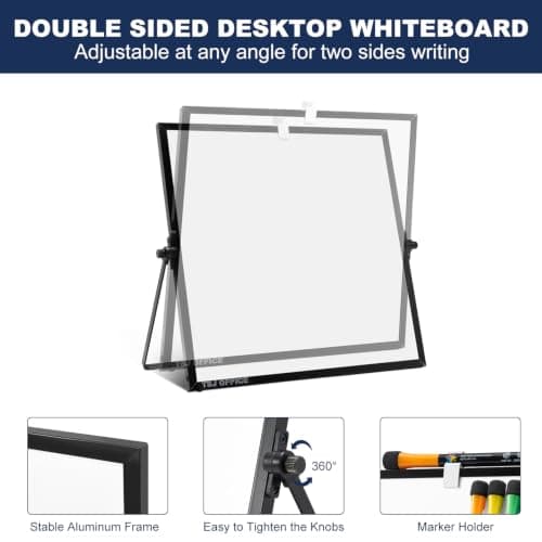 TSJ OFFICE Small White Board - 12 X 12 Inches Small Magnetic Dry Erase Board with Hooks for Wall, Desktop Whiteboard Stand 360 Degrees Revolving Double Sided for Office, Home, School, Black - Thumbnail 4