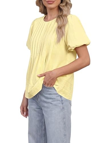 Funlingo Babydoll Tops for Women 2026 Summer Casual Puff Sleeve Blouses Crew Neck Loose Fit Flowy Pleated Shirts Trendy Clothing Yellow M - Thumbnail 4
