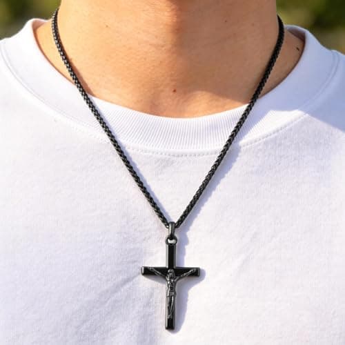 Easter Basket Stuffers-Crucifix Jesus Cross Necklace for Men Women, 20in Gold Black Silver Mens Cross Pendant Chain Simple Jewelry Gifts for Happy Easter, Confirmation, First Communion, Baptism - Thumbnail 3