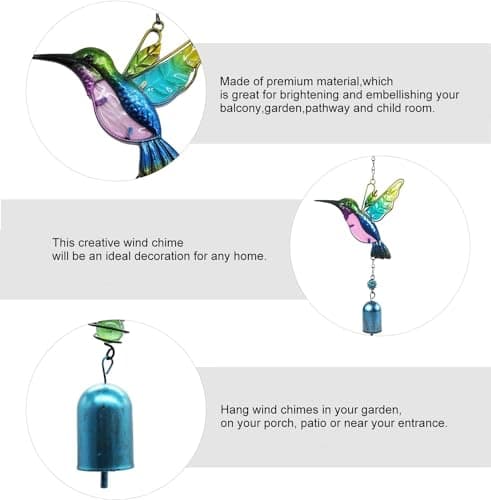 Wind Chimes Hummingbird, Garden Small Wind Chime for Home, Party, Festival Decor, Glass Garden Valentines Day Gift Decoration Indoor/Outdoor, Lifelike Hummingbird Bell Deep Tone Style - Thumbnail 2