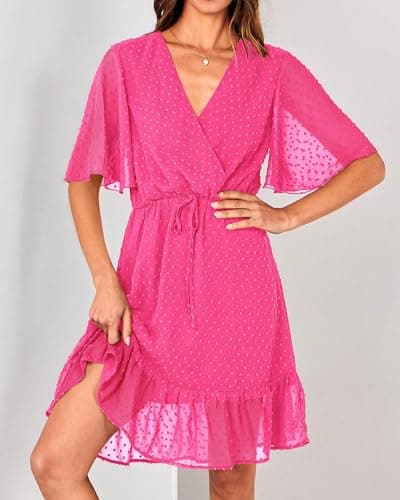 KIRUNDO Womens Summer Dresses 2026 Casual Spring Short Sleeve V Neck Ruffle Swiss Dot High Waist Belted Flowy Mini Dress(Style2-Rose Red, Medium) - Thumbnail 6