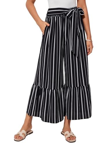 GRACE KARIN Womens Wide Leg Pants Flowy Summer Boho Ruffle Hem Loose Beach Palazzo Trousers Travel Vacation Outfits Black Striped XL - Image 1